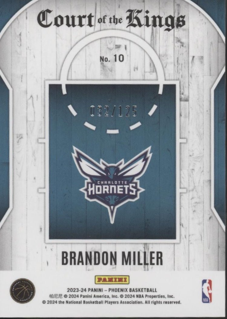 Brandon Miller 2023 - 24 Panini Phoenix Court of the Kings Red Refractor RC /125 - Collector Store LLC