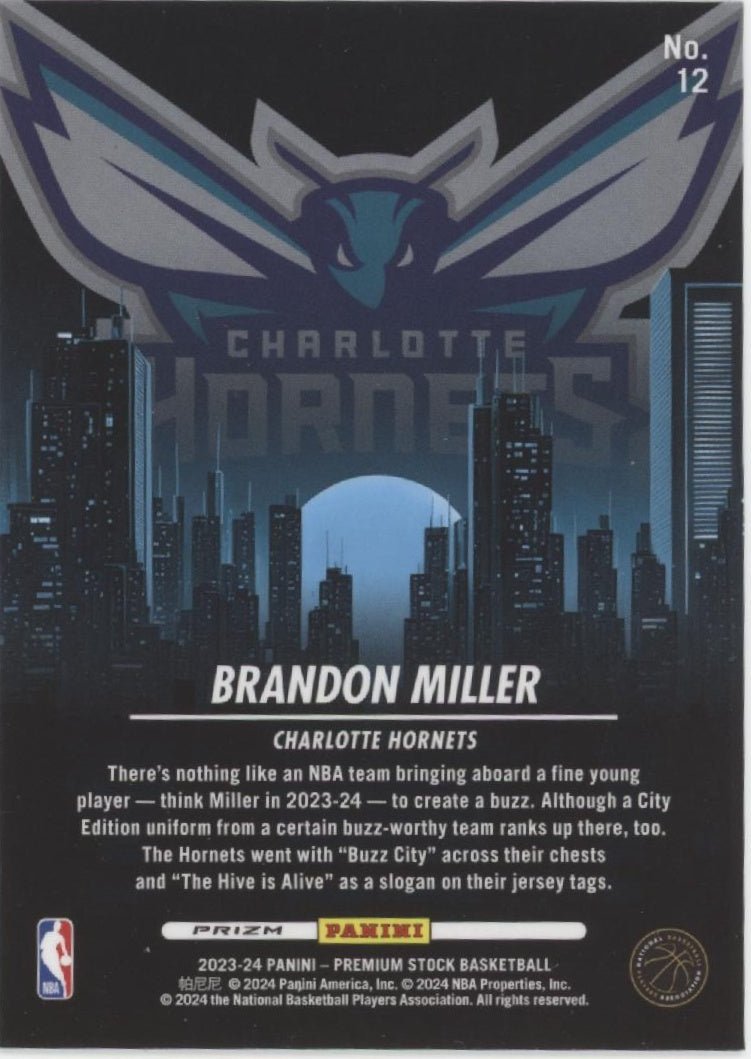 Brandon Miller 2023 - 24 Panini Premium Stock City Edition Prizm RC #12 - Collector Store LLC