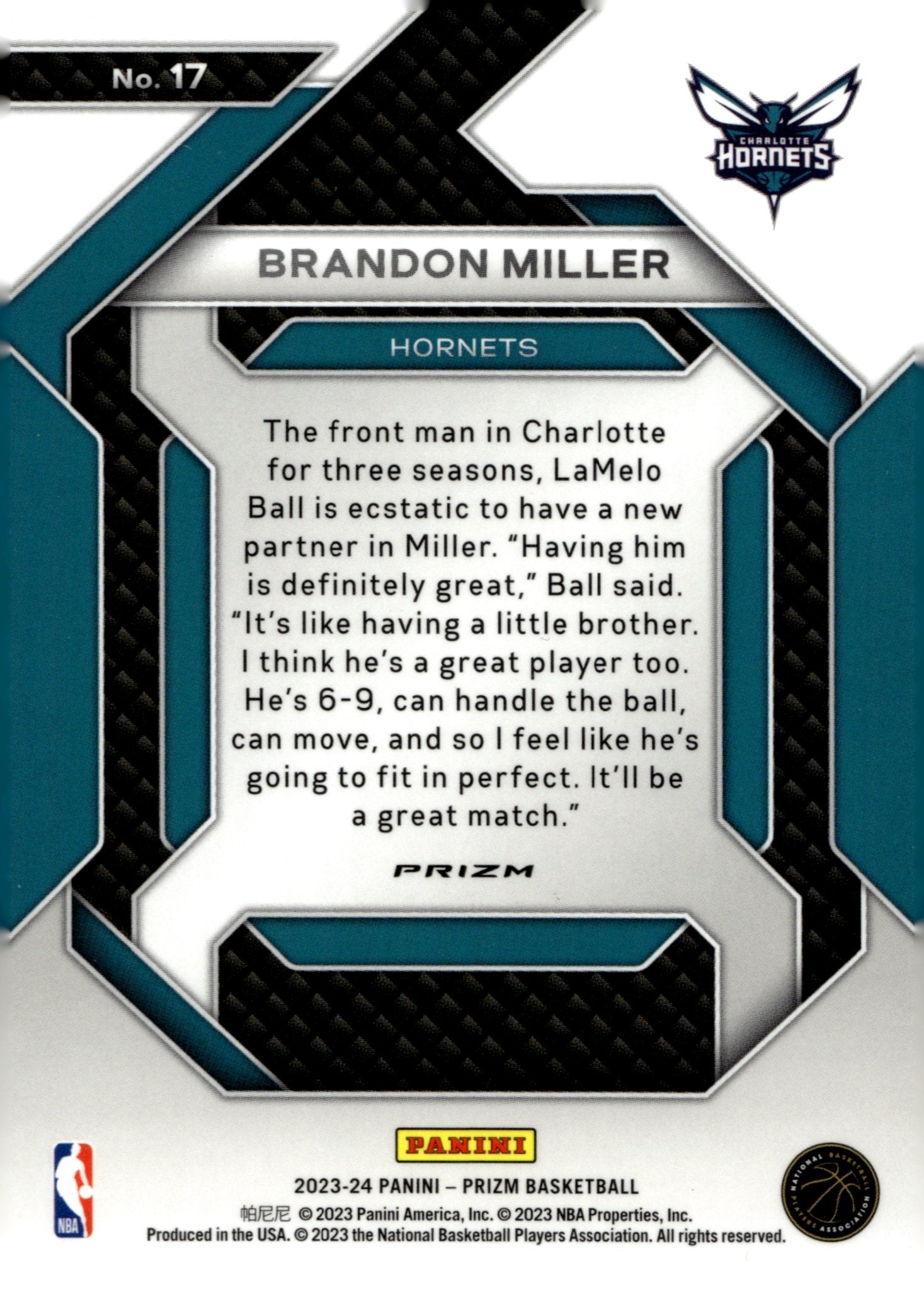 Brandon Miller 2023 - 24 Panini Prizm Emergent Prizm RC #17 - Collector Store LLC