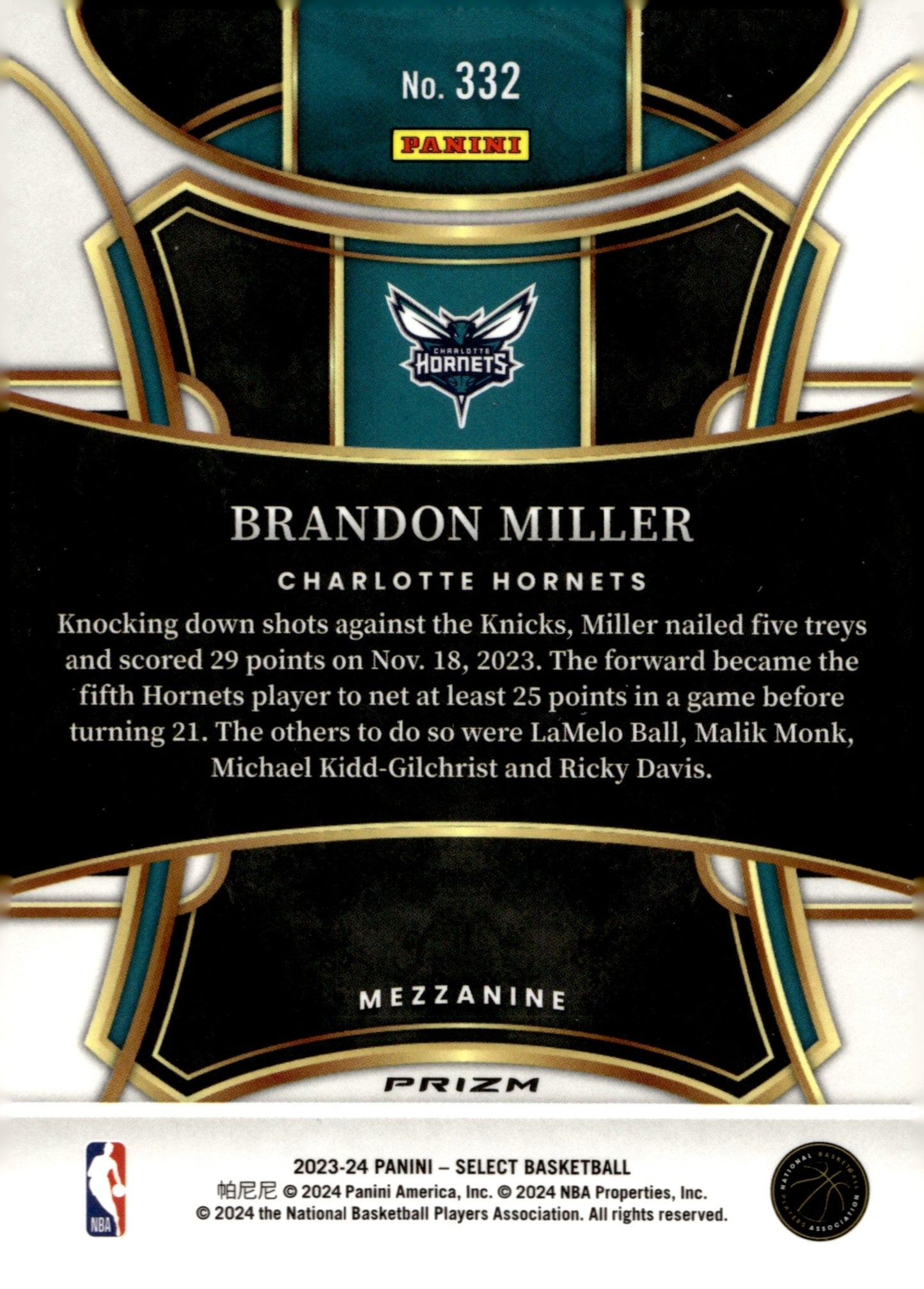 Brandon Miller 2023 - 24 Panini Select Blue Prizm RC #332 - Collector Store LLC