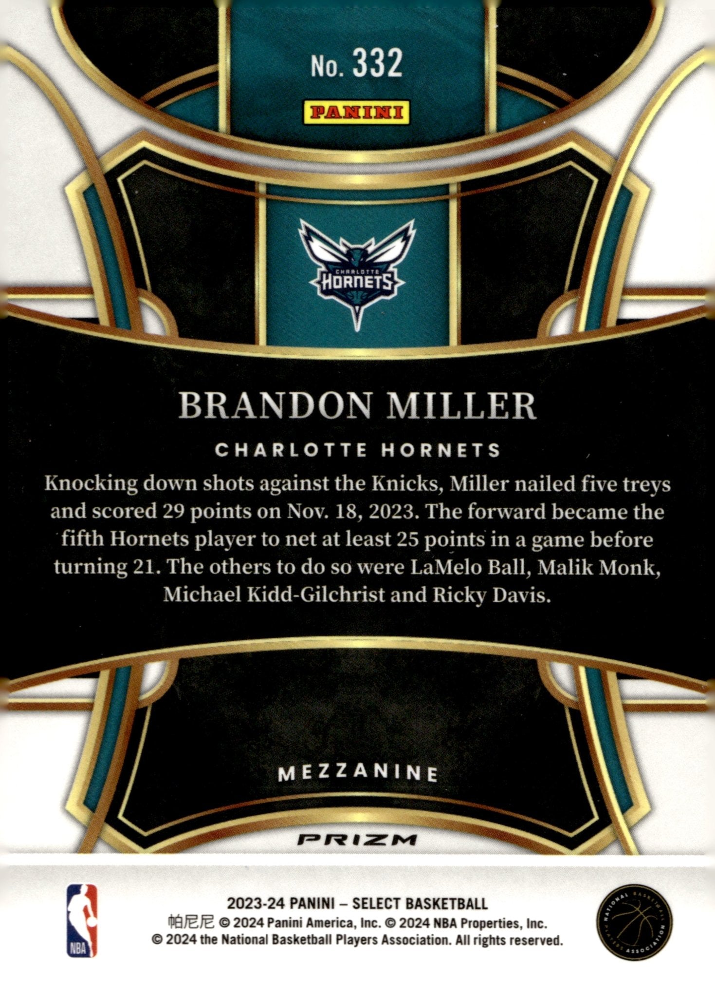 Brandon Miller 2023 - 24 Panini Select Blue Prizm RC #332 - Collector Store LLC
