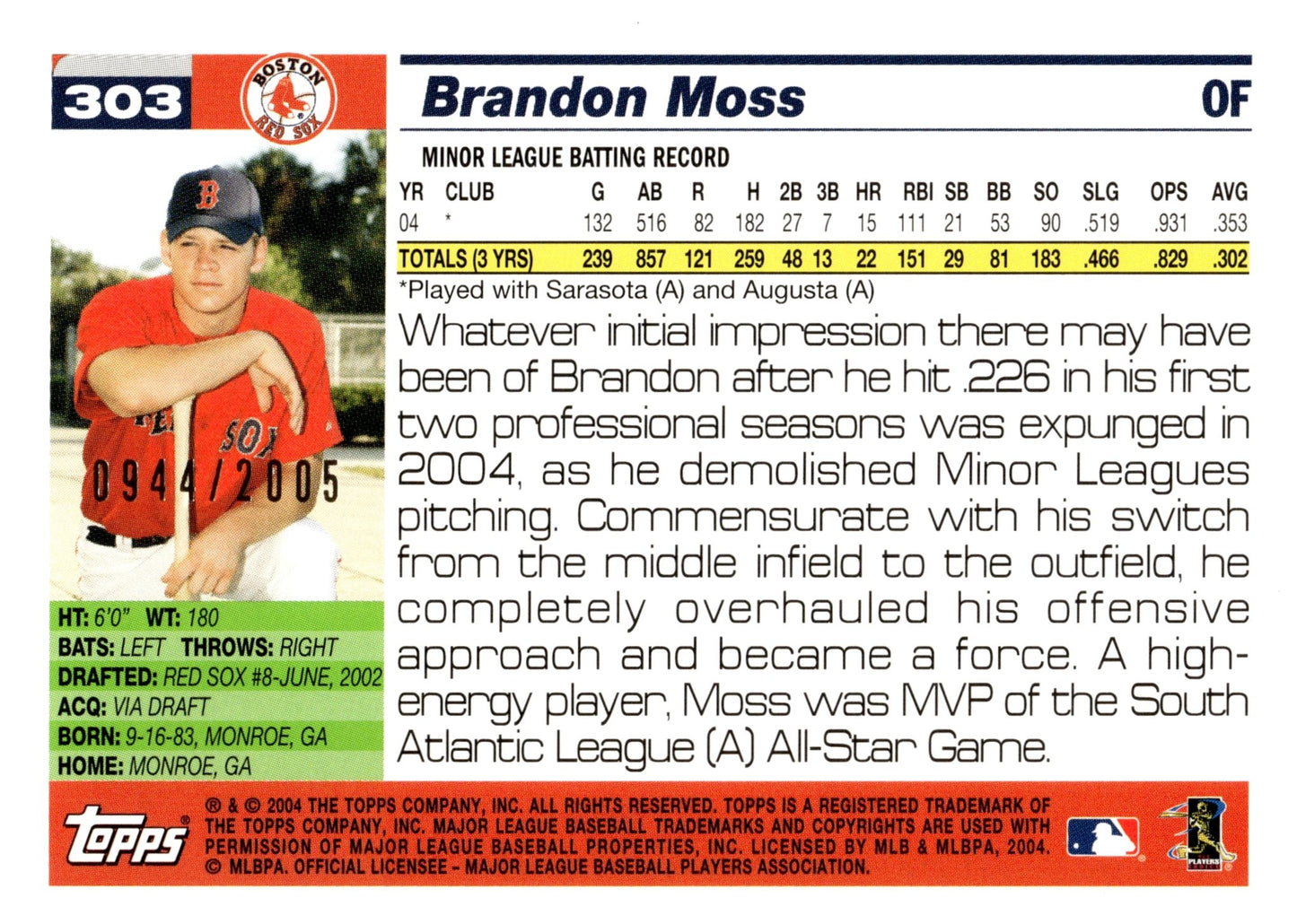 Brandon Moss 2004 Topps Gold Border 0944/2005 303 - Collector Store LLC
