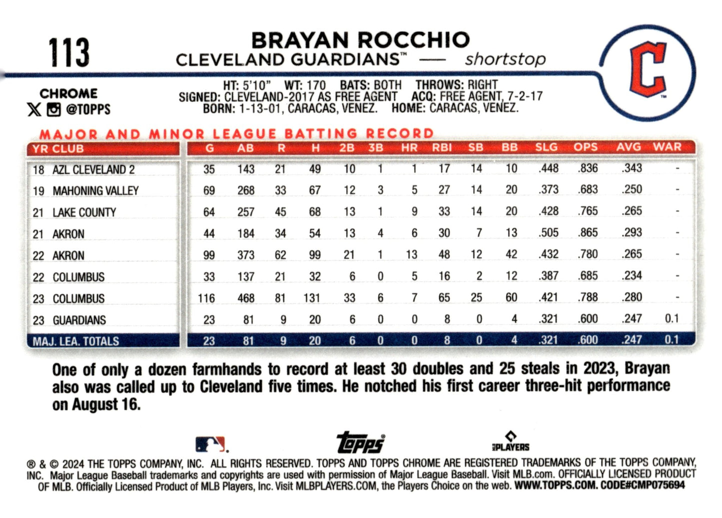 Brayan Rocchio 2024 Topps Chrome Sepia Refractor 113 - Collector Store LLC
