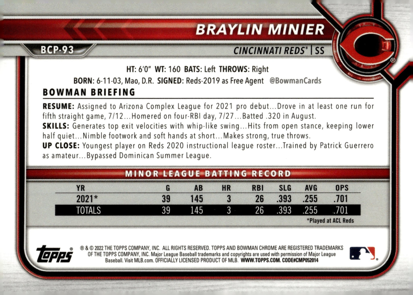 Braylin Minier 2022 Bowman Chrome Prospects Mojo Refractor BCP - 93 - Collector Store LLC