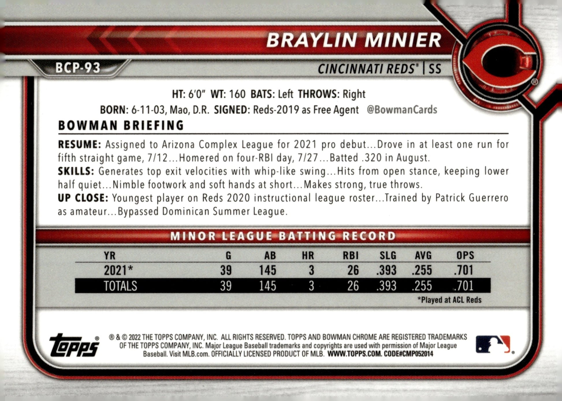 Braylin Minier 2022 Bowman Chrome Prospects Mojo Refractor BCP - 93 - Collector Store LLC