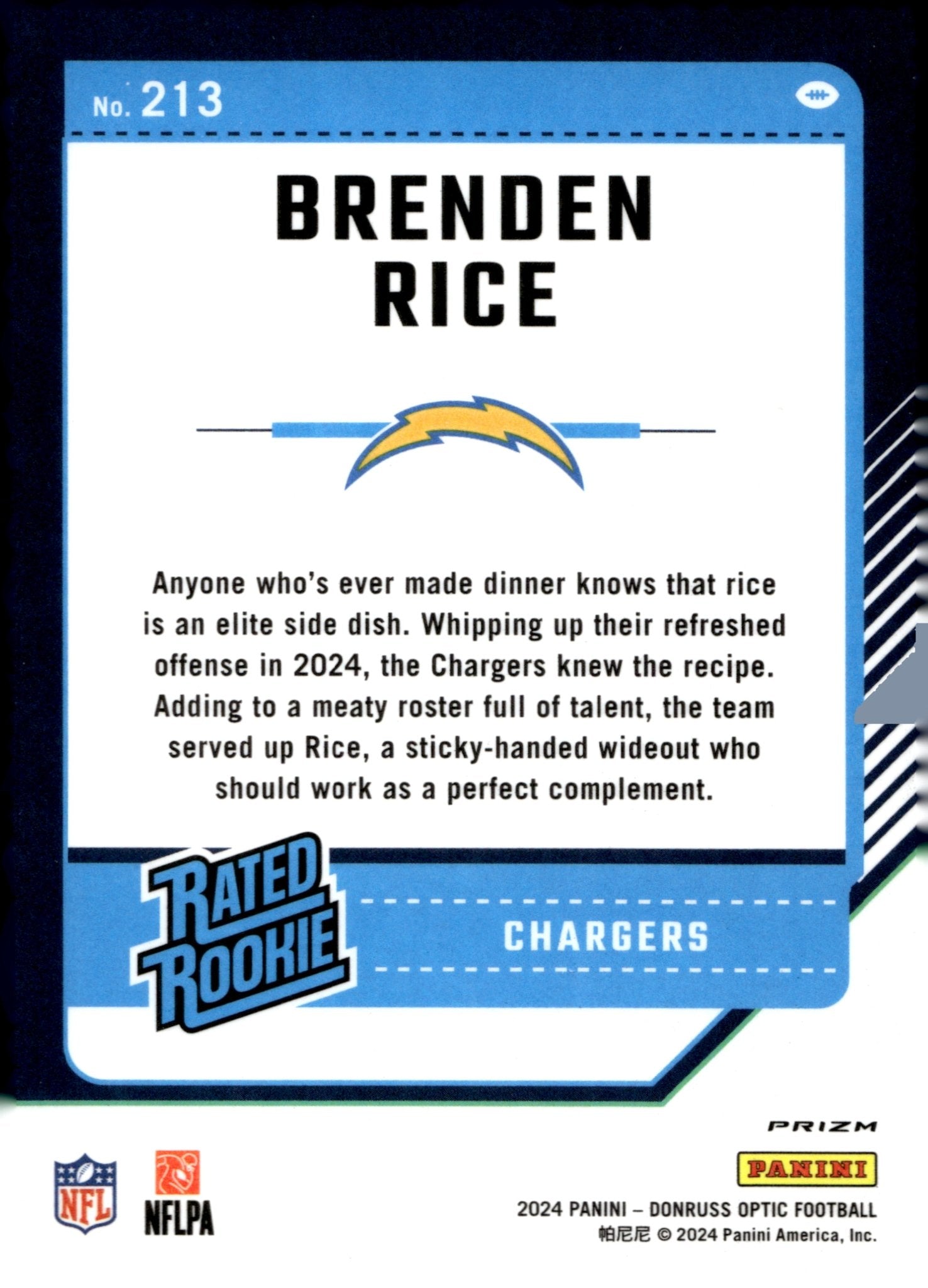 Brenden Rice 2024 Panini Donruss Optic Rated Rookie Blue Scope Prizm RC 213 - Collector Store LLC
