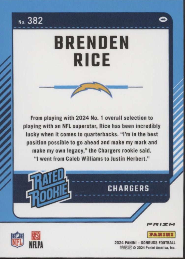 Brenden Rice 2024 Panini Donruss Rated Rookie Pink Prizm RC #382 - Collector Store LLC