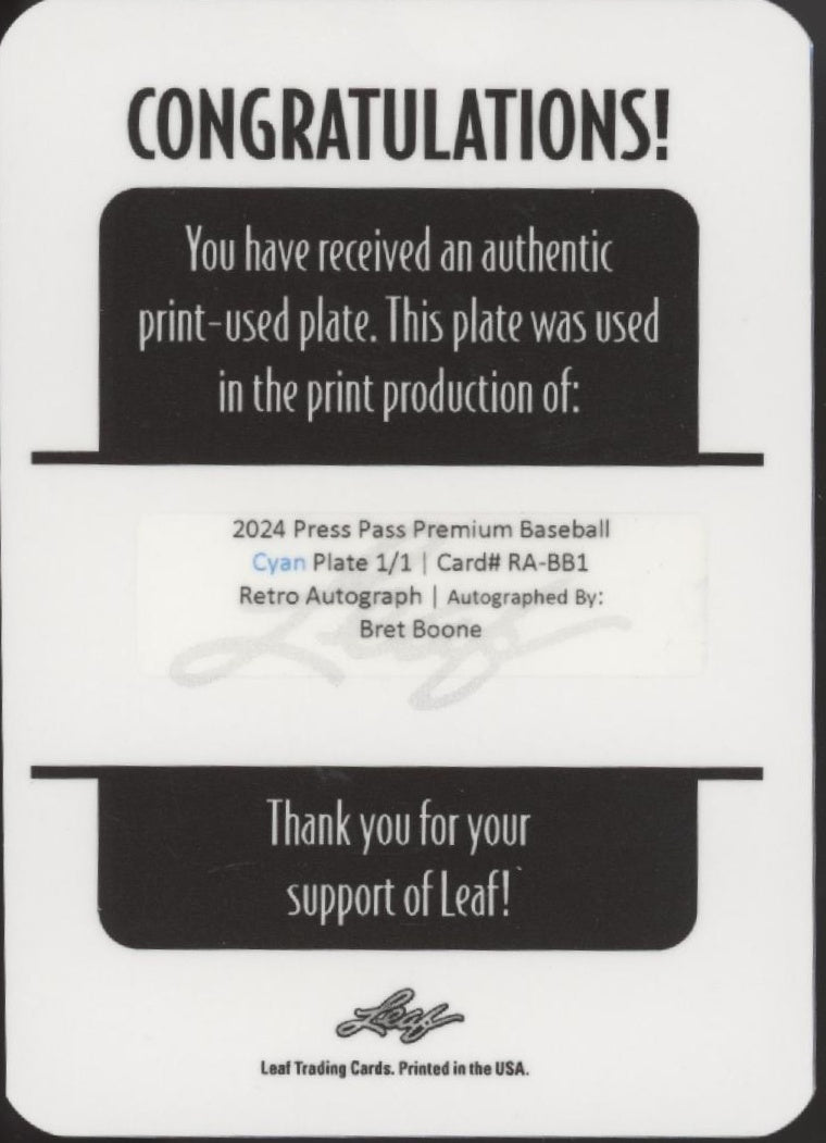 Bret Boone 2024 Leaf Press Pass Premium Cyan Plate Retro Auto 1/1 - Collector Store LLC