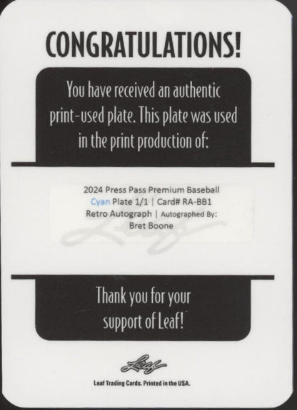 Bret Boone 2024 Leaf Press Pass Premium Cyan Plate Retro Auto 1/1 - Collector Store LLC