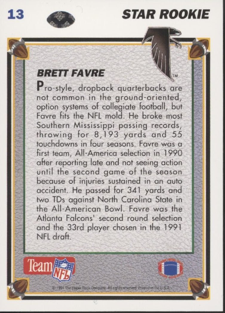 Brett Favre 1991 Upper Deck Star Rookie RC #13 #1 - Collector Store LLC