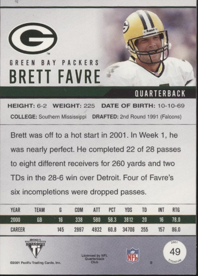 Brett Favre 2001 Pacific Private Stock Titanium #49 - Collector Store LLC