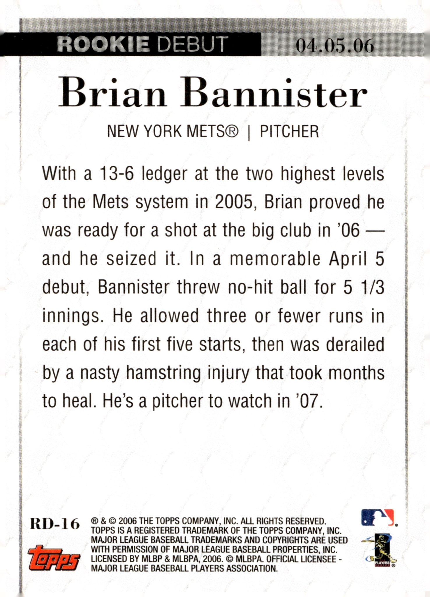 Brian Bannister 2006 Topps Rookie Debut RC RD - 16 - Collector Store LLC