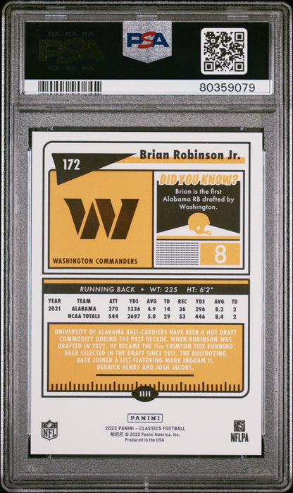 Brian Robinson Jr. 2022 Panini Classics Timeless Tributes Gold RC #172 PSA 9 - Collector Store LLC