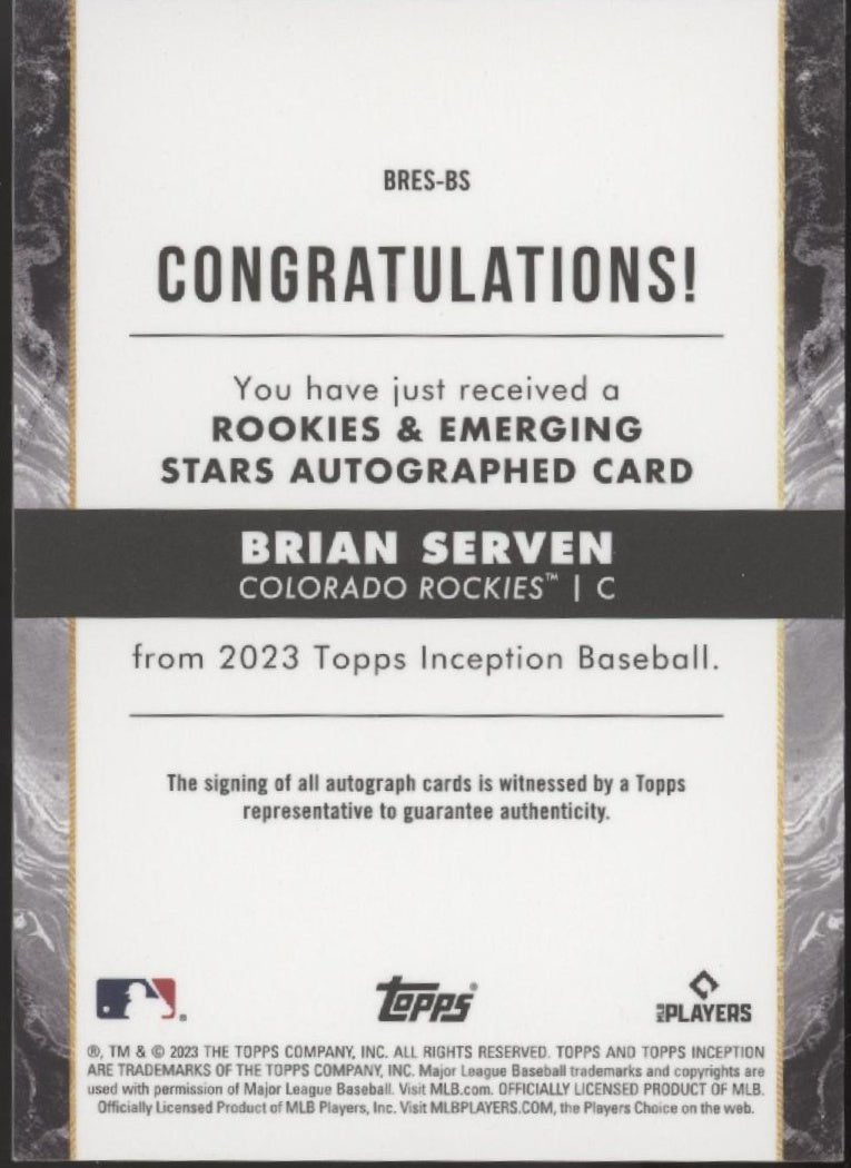 Brian Serven 2023 Topps Inception Rookies & Emerging Stars RC Auto 04/99 - Collector Store LLC