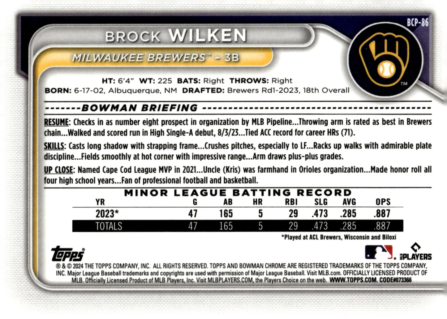 Brock Wilken 2024 Bowman Chrome Mojo Refractor BCP - 86 - Collector Store LLC