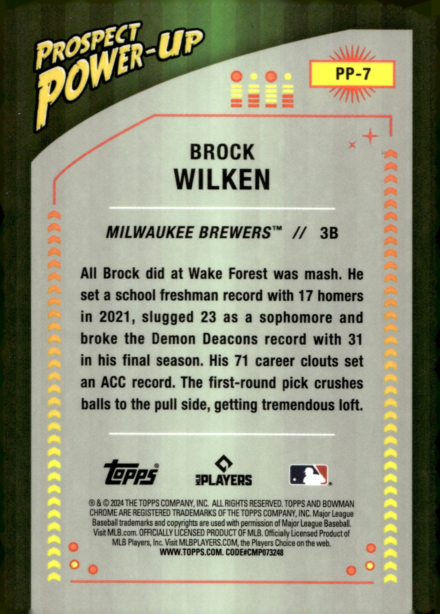 Brock Wilken 2024 Bowman Chrome Prospect Power - Up Refractor PP - 7 - Collector Store LLC