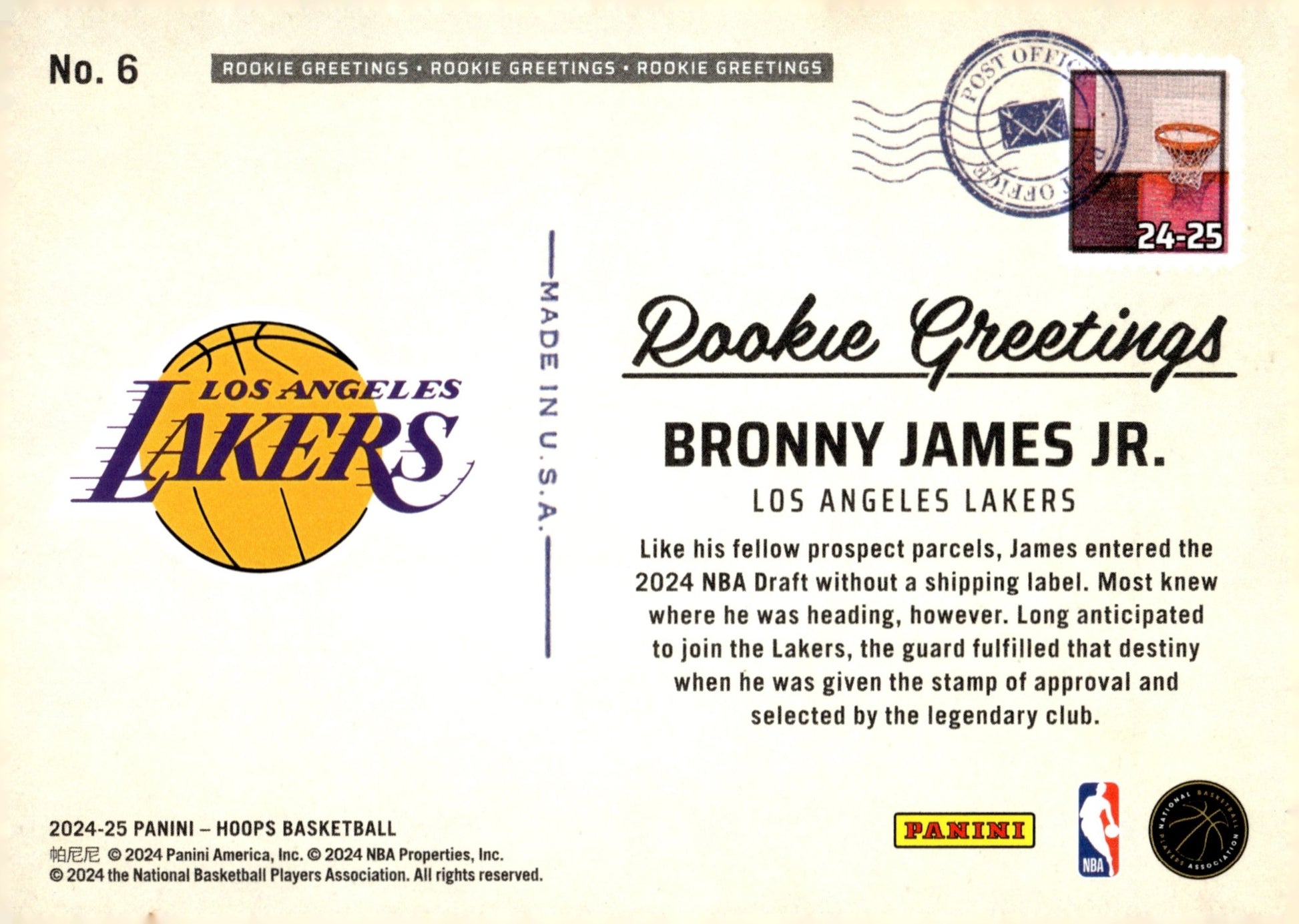 Bronny James Jr. 2024 - 25 Panini Hoops Rookie Greetings RC #6 - Collector Store LLC