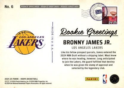 Bronny James Jr. 2024 - 25 Panini Hoops Rookie Greetings RC #6 - Collector Store LLC