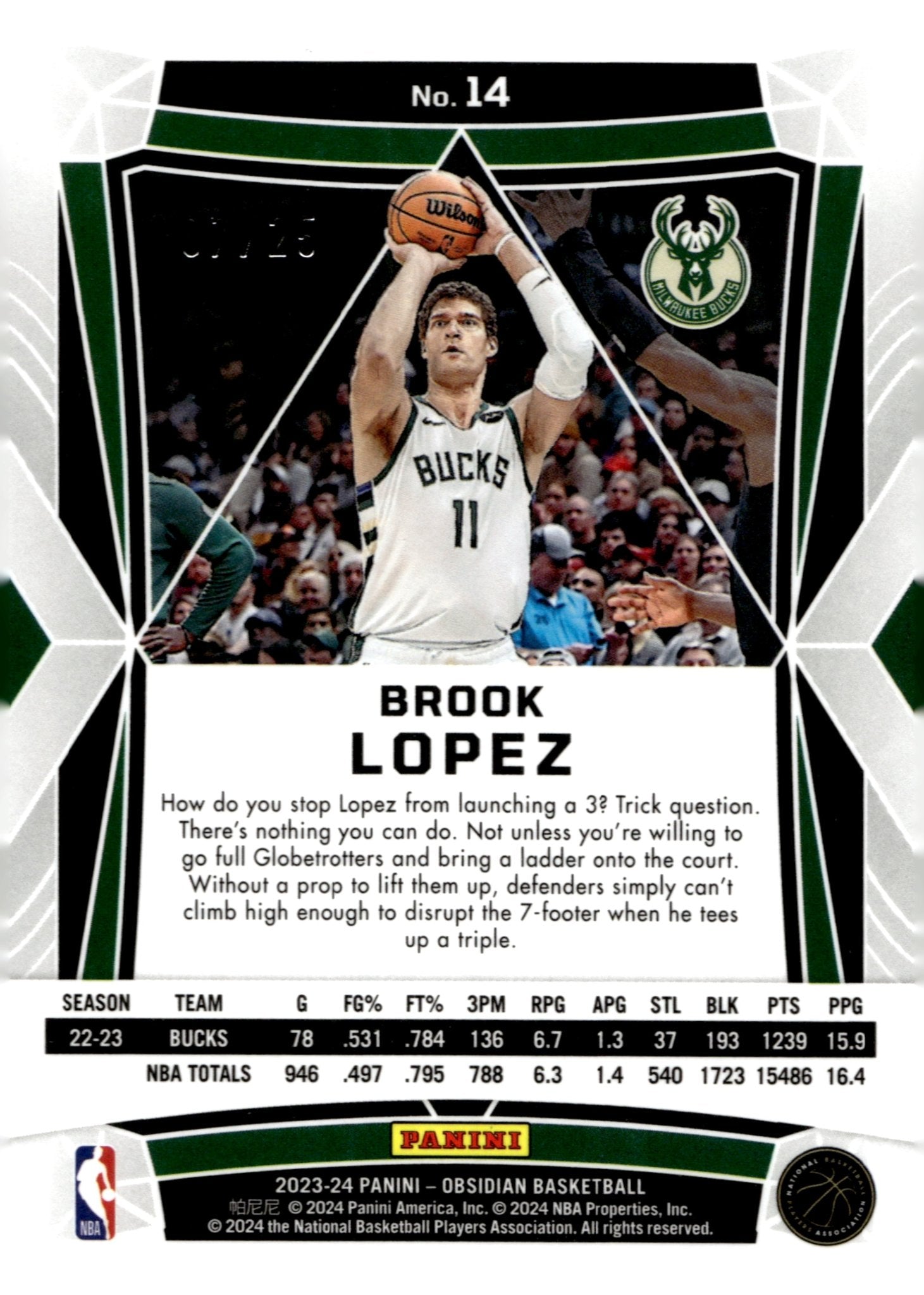 Brook Lopez 2023 - 24 Panini Obsidian Green Electric Etch Refractor 07/25 #14 - Collector Store LLC