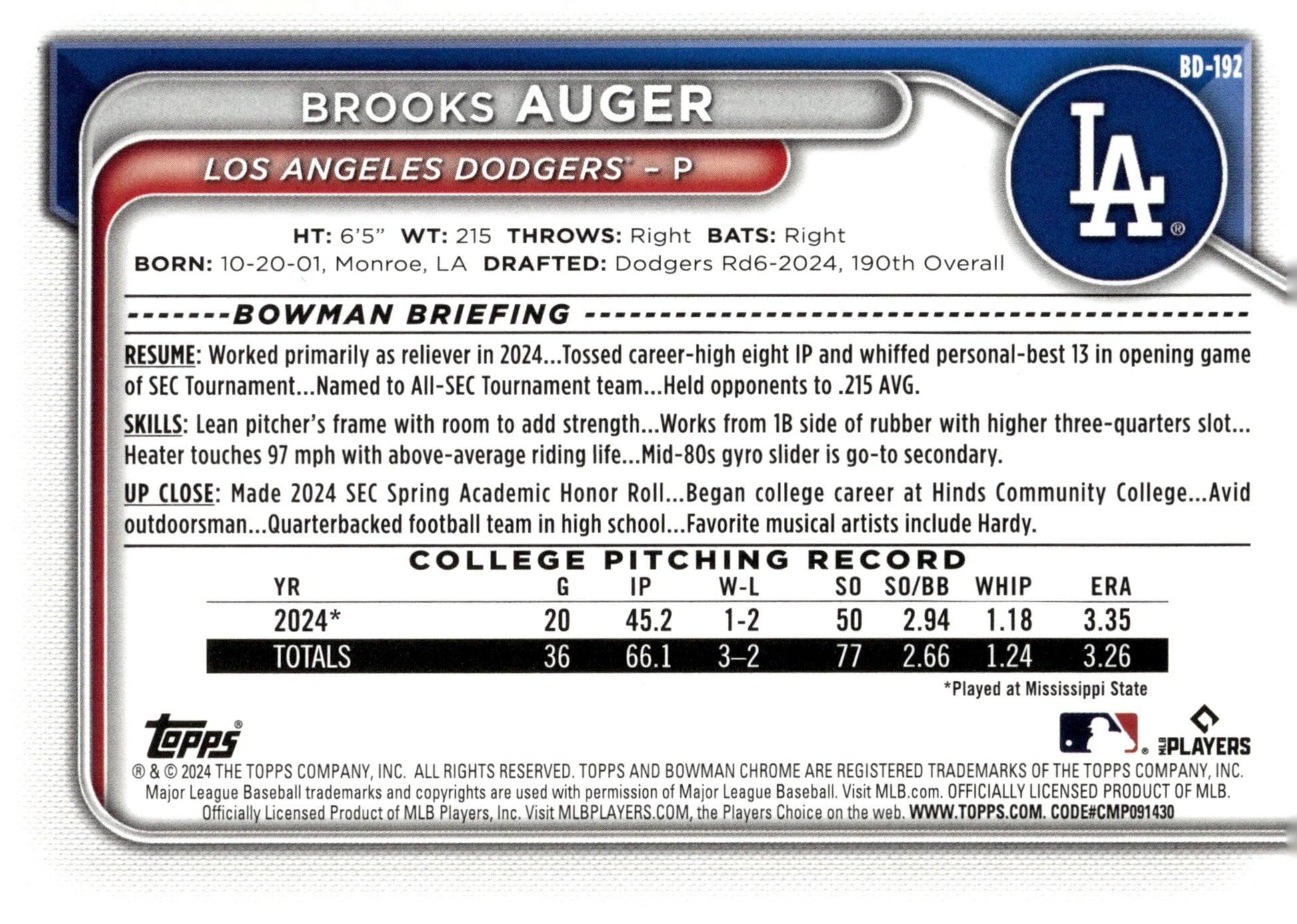 Brooks Auger 2024 Bowman Sky Blue 035/499 #BD - 192 - Collector Store LLC