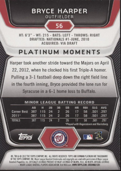 Bryce Harper 2012 Bowman Platinum Foil RC #56 - Collector Store LLC