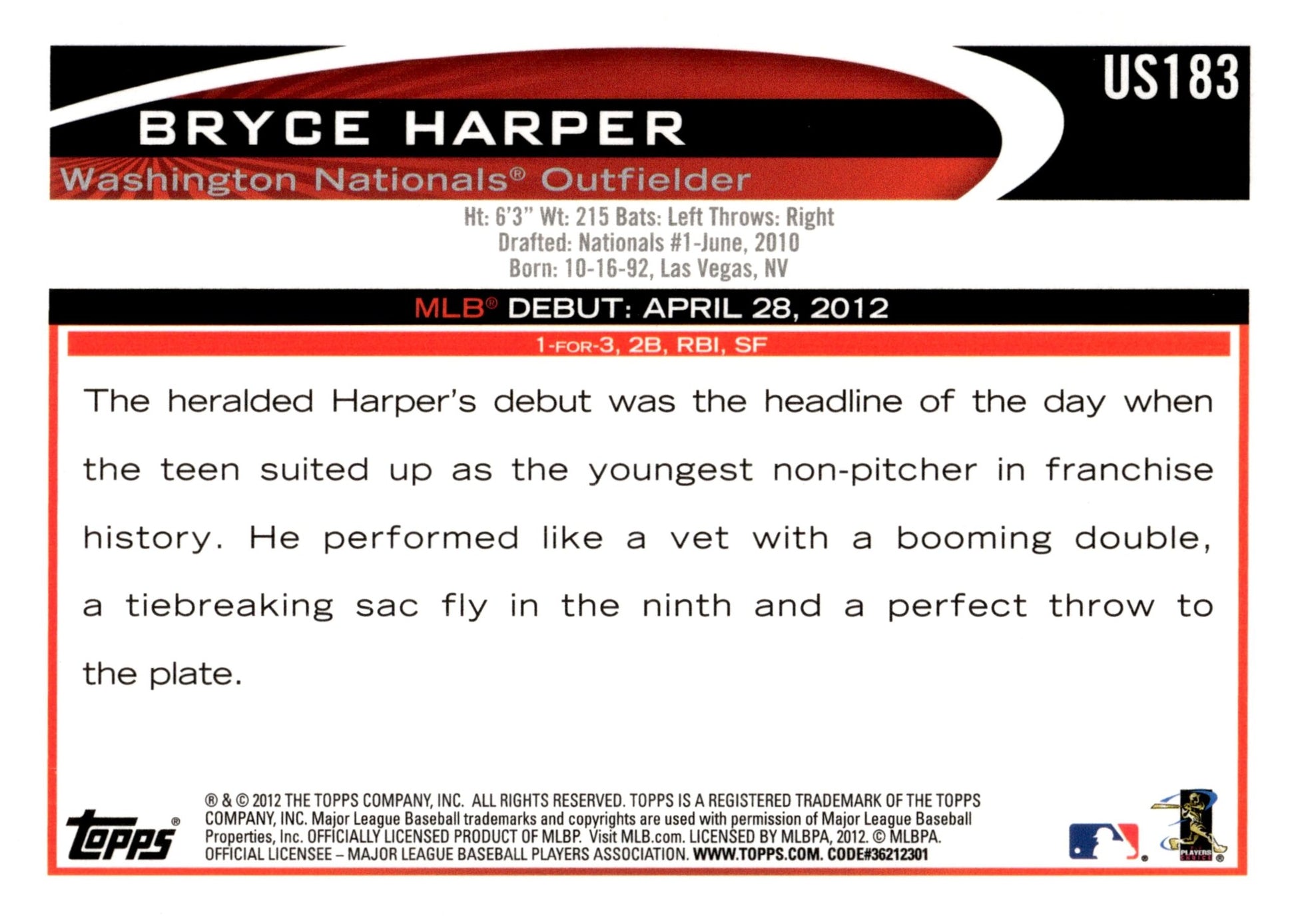 Bryce Harper 2012 Topps Update Series RC #US183 - Collector Store LLC
