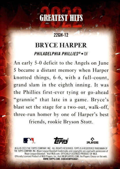 Bryce Harper 2023 Topps 2022 Greatest Hits #22GH - 12 - Collector Store LLC