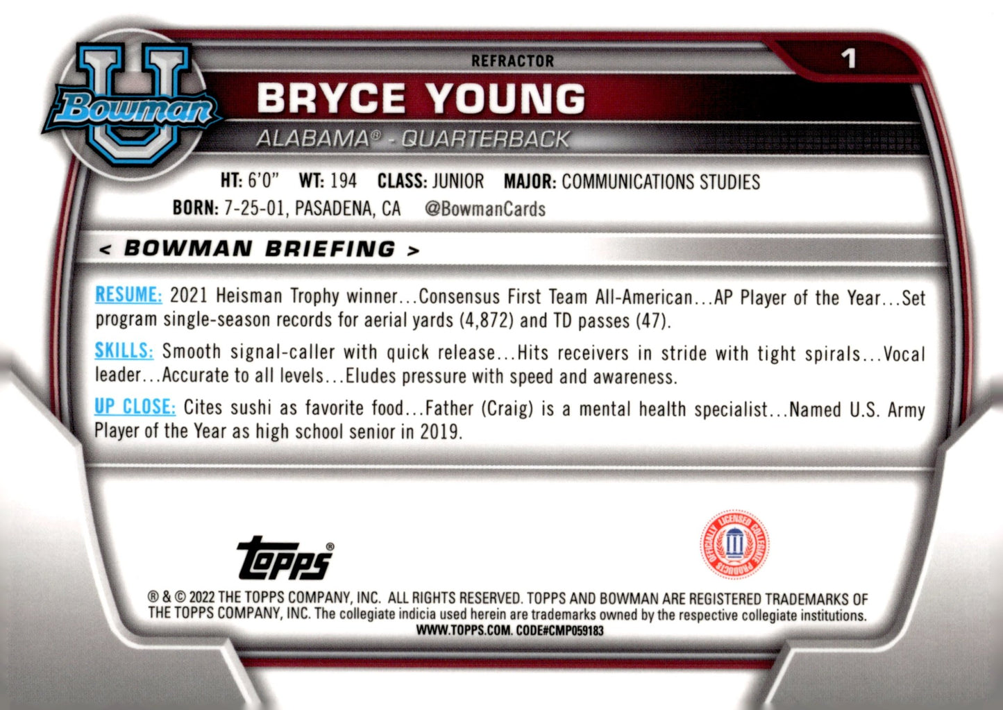 Bryce Young 2022 Bowman University Refractor #1 - Collector Store LLC