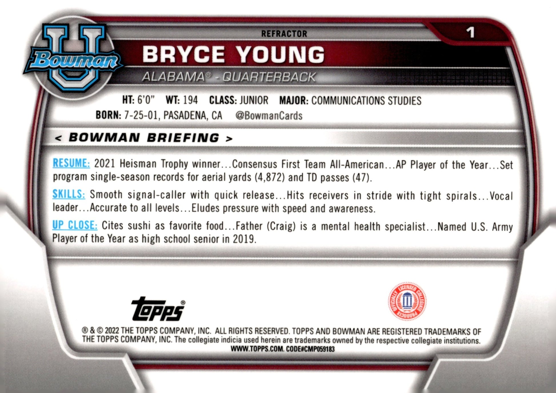 Bryce Young 2022 Bowman University Refractor #1 - Collector Store LLC