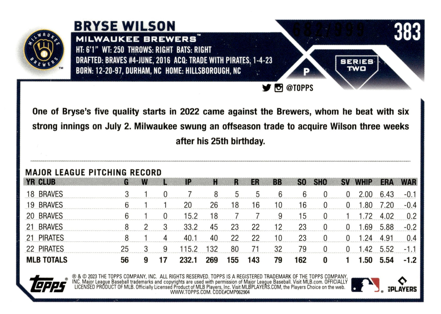 Bryse Wilson 2023 Topps Series 2 Blue Foilboard 682/999 #383 - Collector Store LLC