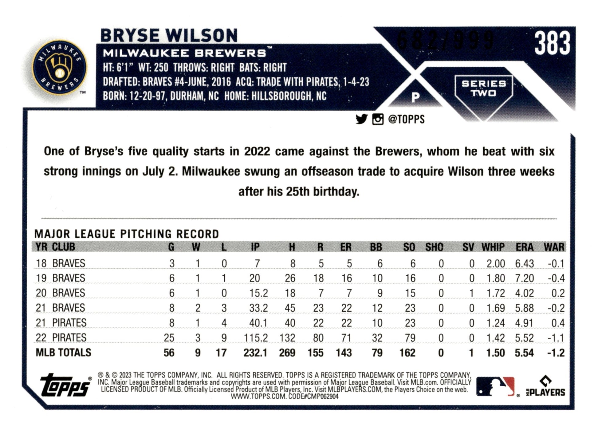 Bryse Wilson 2023 Topps Series 2 Blue Foilboard 682/999 #383 - Collector Store LLC