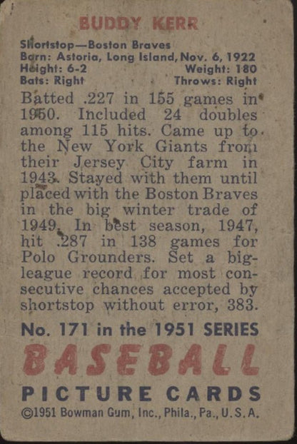 Buddy Kerr 1951 Bowman #171 Boston Braves GD - Collector Store LLC