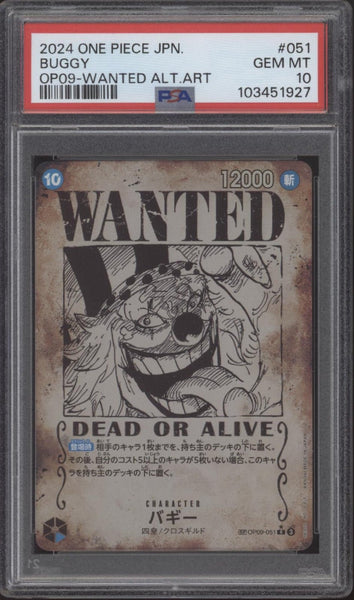 one piece card game buggy Buggy One Piece Card Game Emperors in New World Wanted Alt Art JP #051 PSA 10