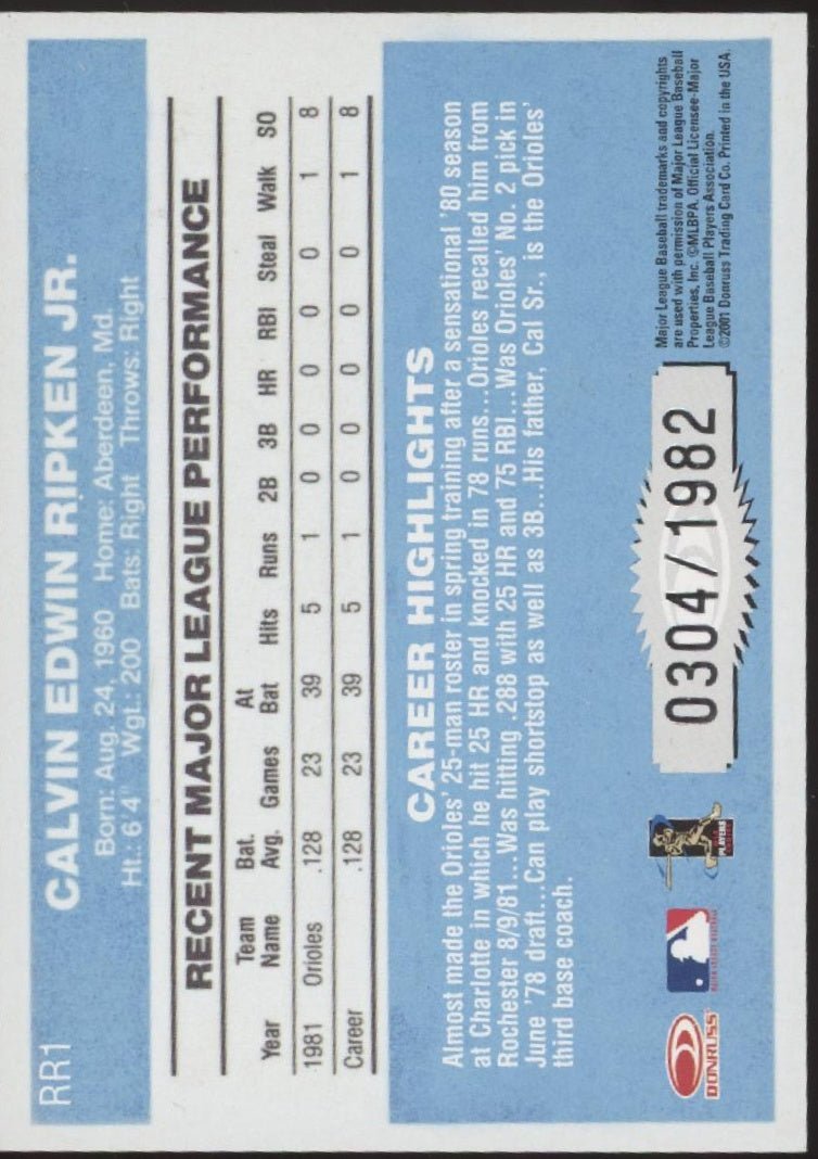 Cal Ripken Jr. 2001 Donruss 20th Anniversary 0304/1982 #RR1 - Collector Store LLC