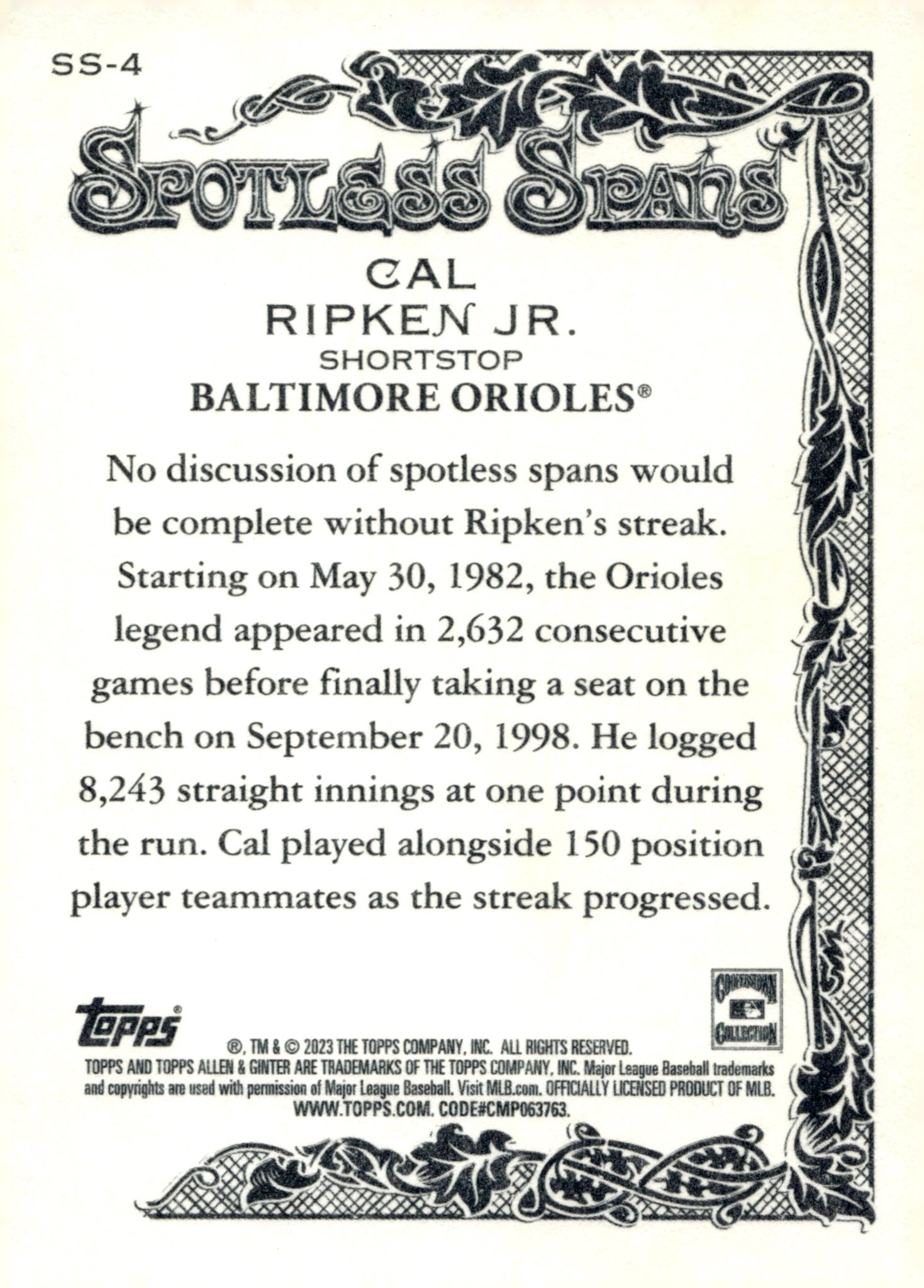Cal Ripken Jr. 2023 Topps Allen & Ginter Spotless Spans SS - 4 - Collector Store LLC