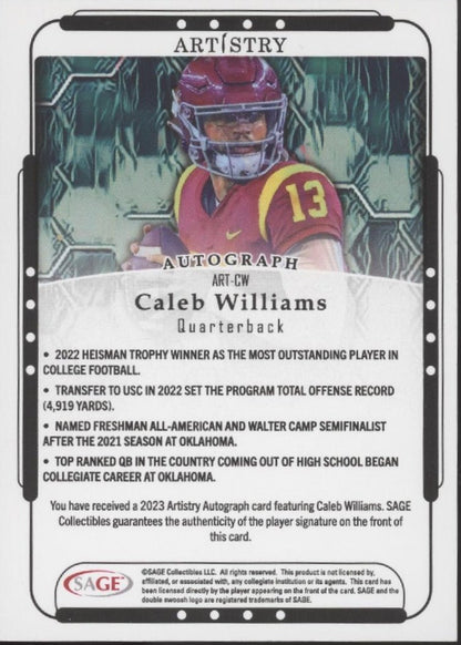 Caleb Williams 2023 Sage Artistry Auto #ART - CW - Collector Store LLC