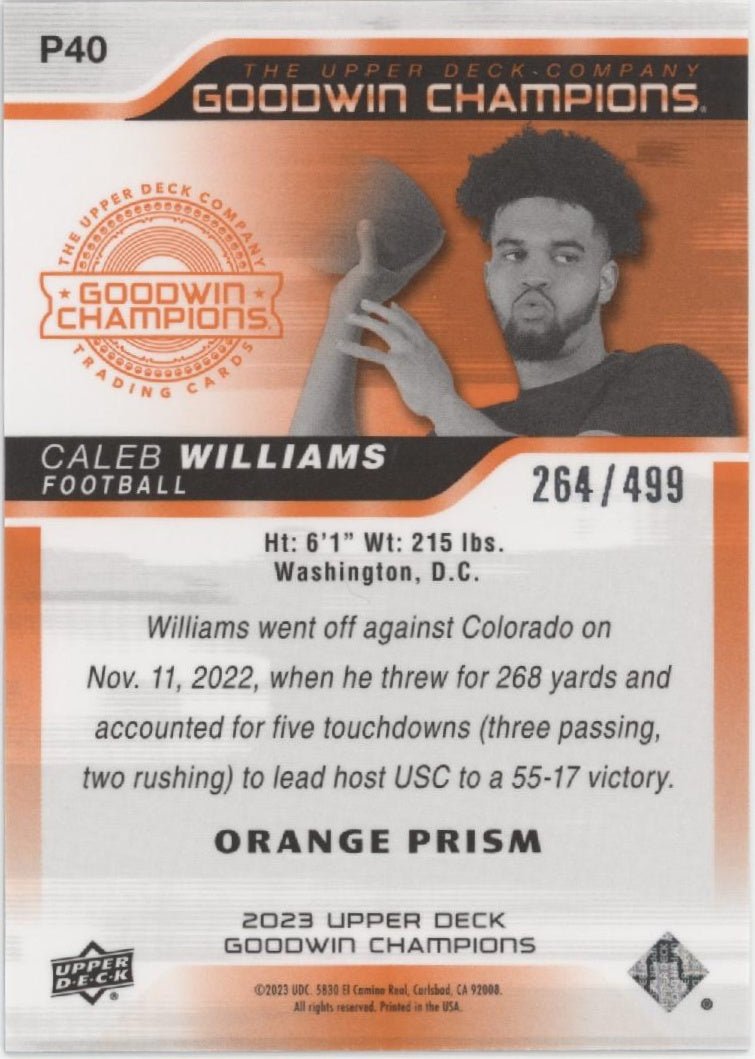 Caleb Williams 2023 Upper Deck Goodwin Champions Orange Prism Refractor RC /499 - Collector Store LLC