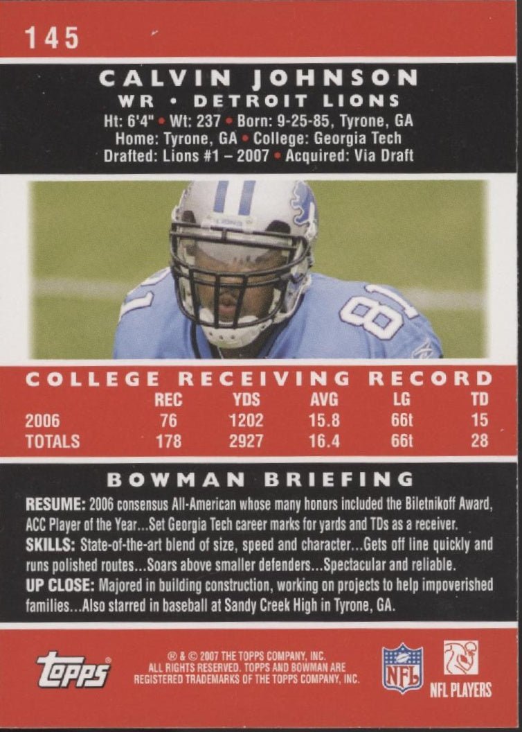 Calvin Johnson 2007 Bowman RC #145 - Collector Store LLC