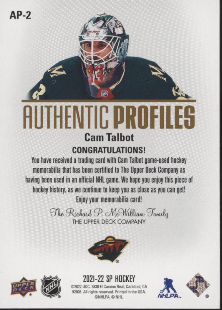 Cam Talbot 2021 - 22 Upper Deck SP Authentic Profiles Swatch #AP - 2 - Collector Store LLC