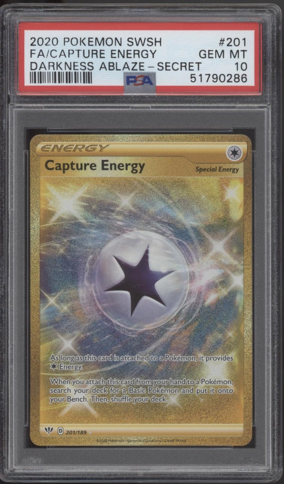 Capture Energy Pokemon Darkness Ablaze Full Art Secret #201 PSA 10 - Collector Store LLC