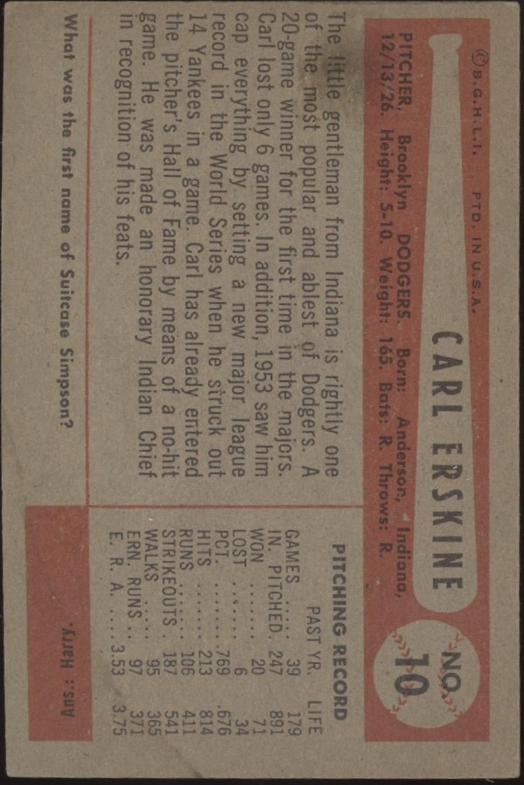 Carl Erskine 1954 Bowman #10 Brooklyn Dodgers VG - Collector Store LLC