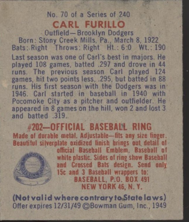 Carl Furillo 1949 Bowman RC #70 Brooklyn Dodgers VG - Collector Store LLC