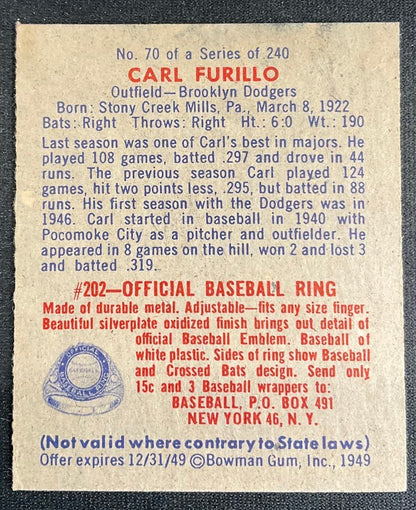 Carl Furillo 1949 Bowman RC #70 Brooklyn Dodgers VG - Collector Store LLC