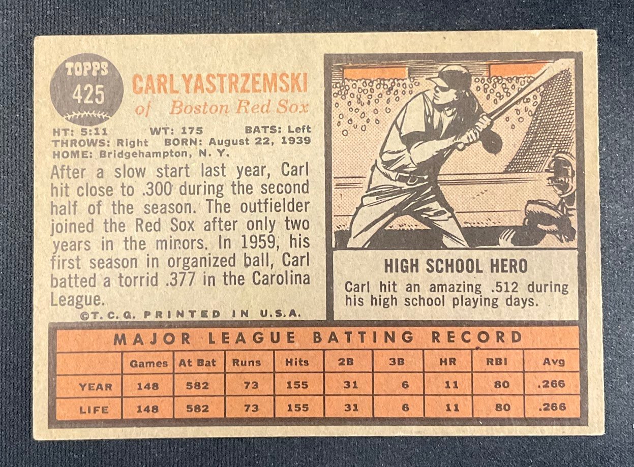 Carl Yastrzemski 1962 Topps #425 Boston Red Sox EX - Collector Store LLC