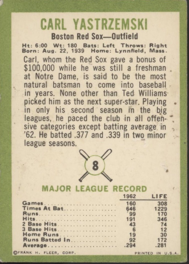 Carl Yastrzemski 1963 Fleer #8 Boston Red Sox VG - Collector Store LLC