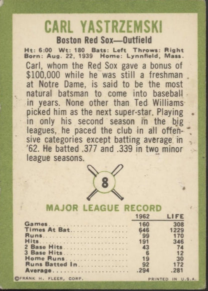 Carl Yastrzemski 1963 Fleer #8 Boston Red Sox VG - Collector Store LLC