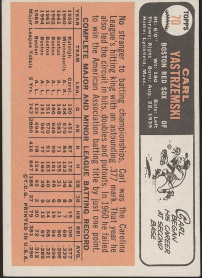 Carl Yastrzemski 1966 Topps #70 Boston Red Sox VG - EX - Collector Store LLC