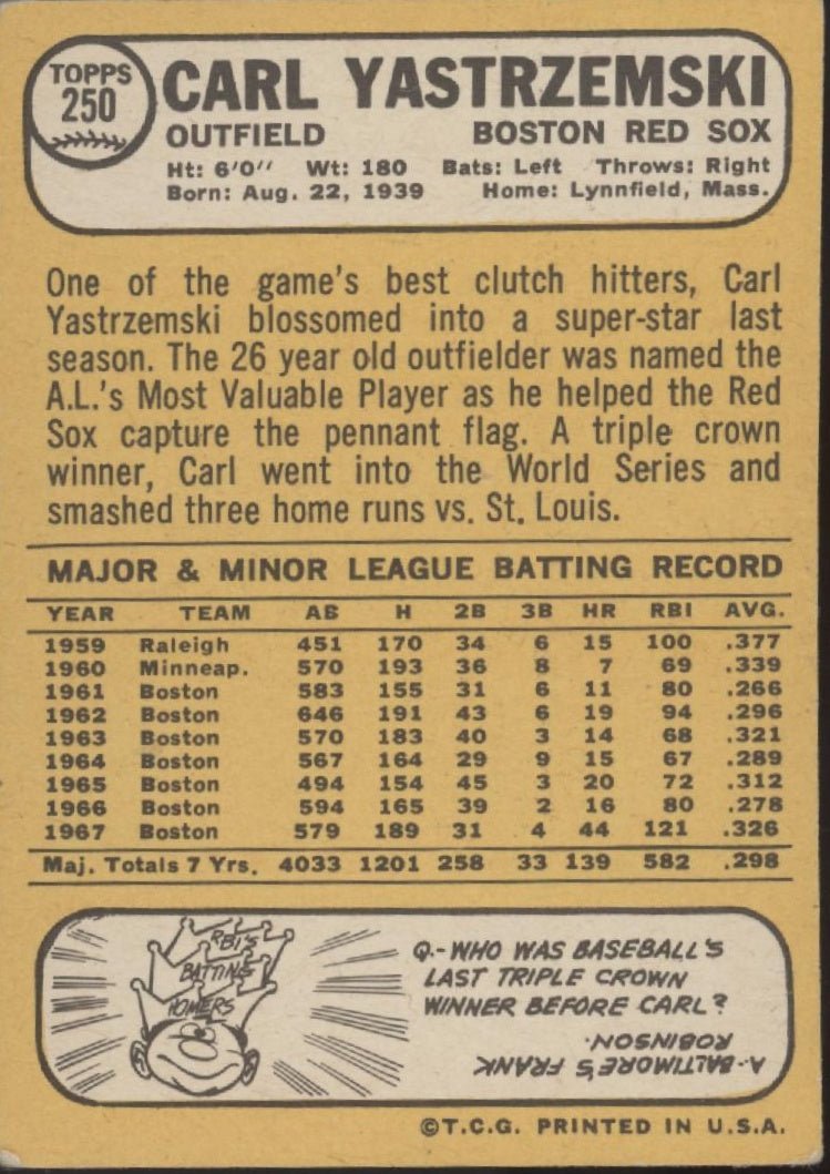Carl Yastrzemski 1968 Topps #250 Boston Red Sox VG #2 - Collector Store LLC