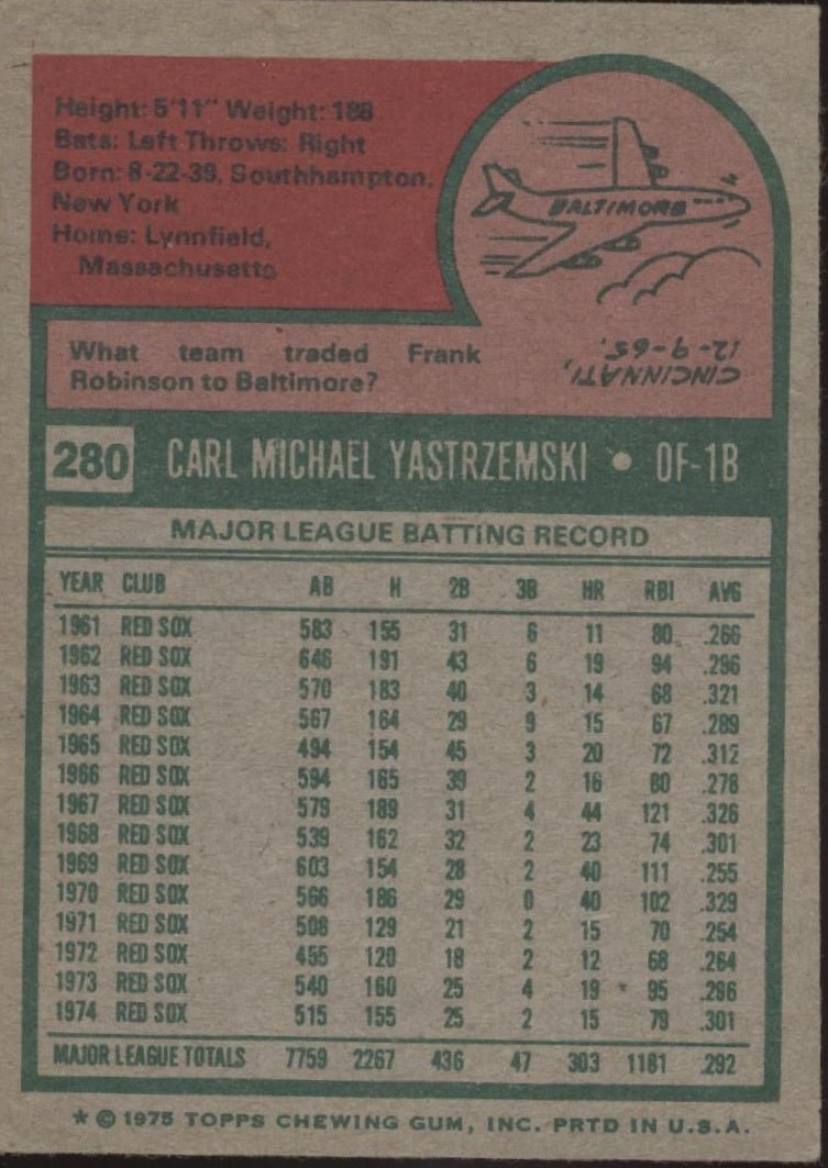 Carl Yastrzemski 1975 Topps #280 Boston Red Sox EX - NM - Collector Store LLC