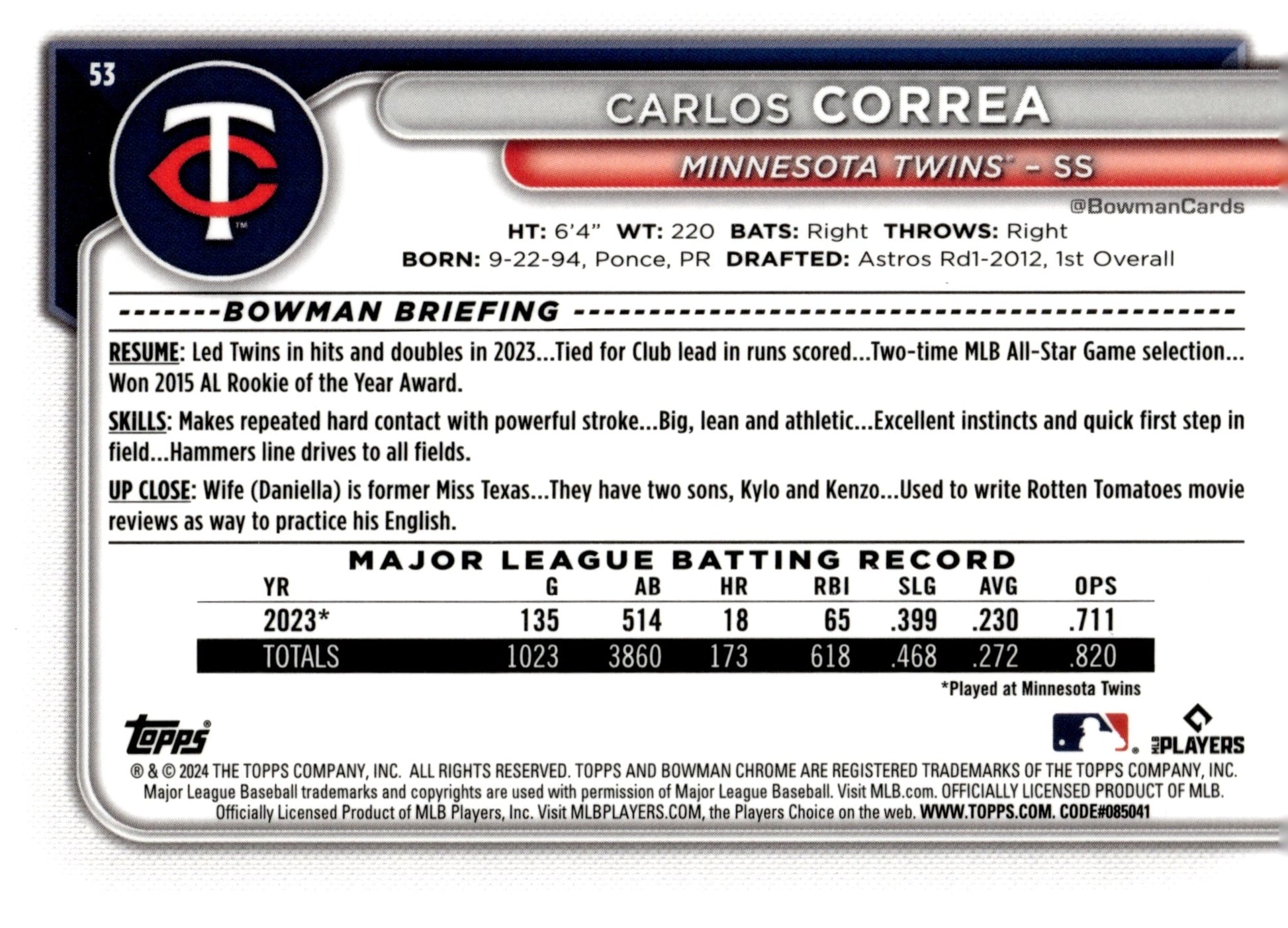 Carlos Correa 2024 Bowman Chrome 53 - Collector Store LLC